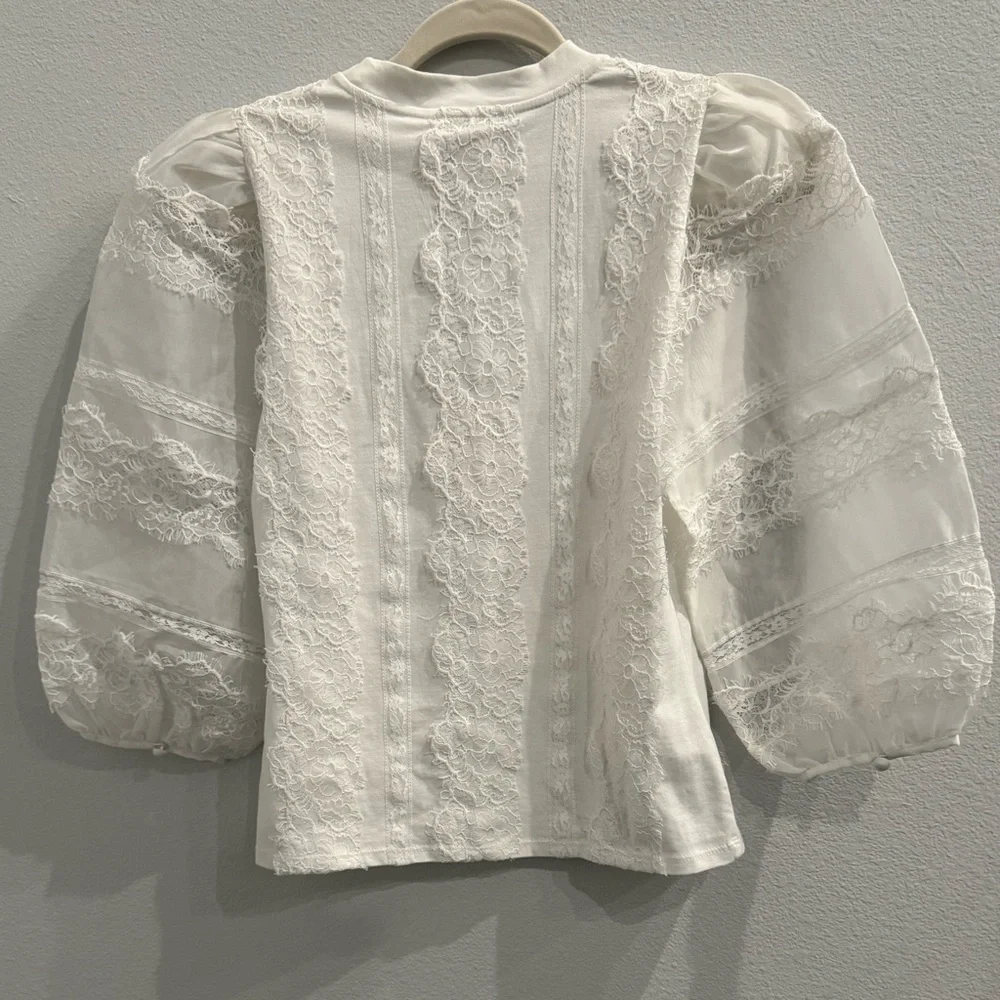 NWT Cinq à Sept White Lace Stefania Trim Shirt 3/4 Sleeve Blouse Size XS - Picture 10 of 12